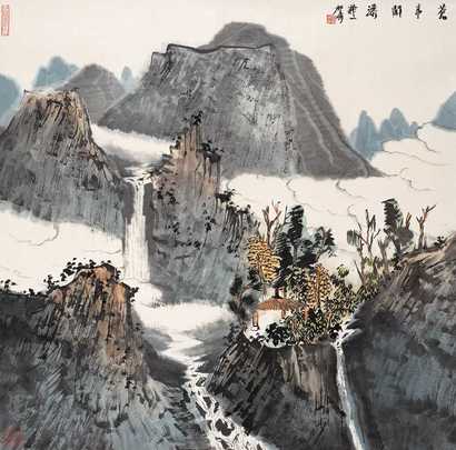 何加林 苍亭闻瀑 镜心